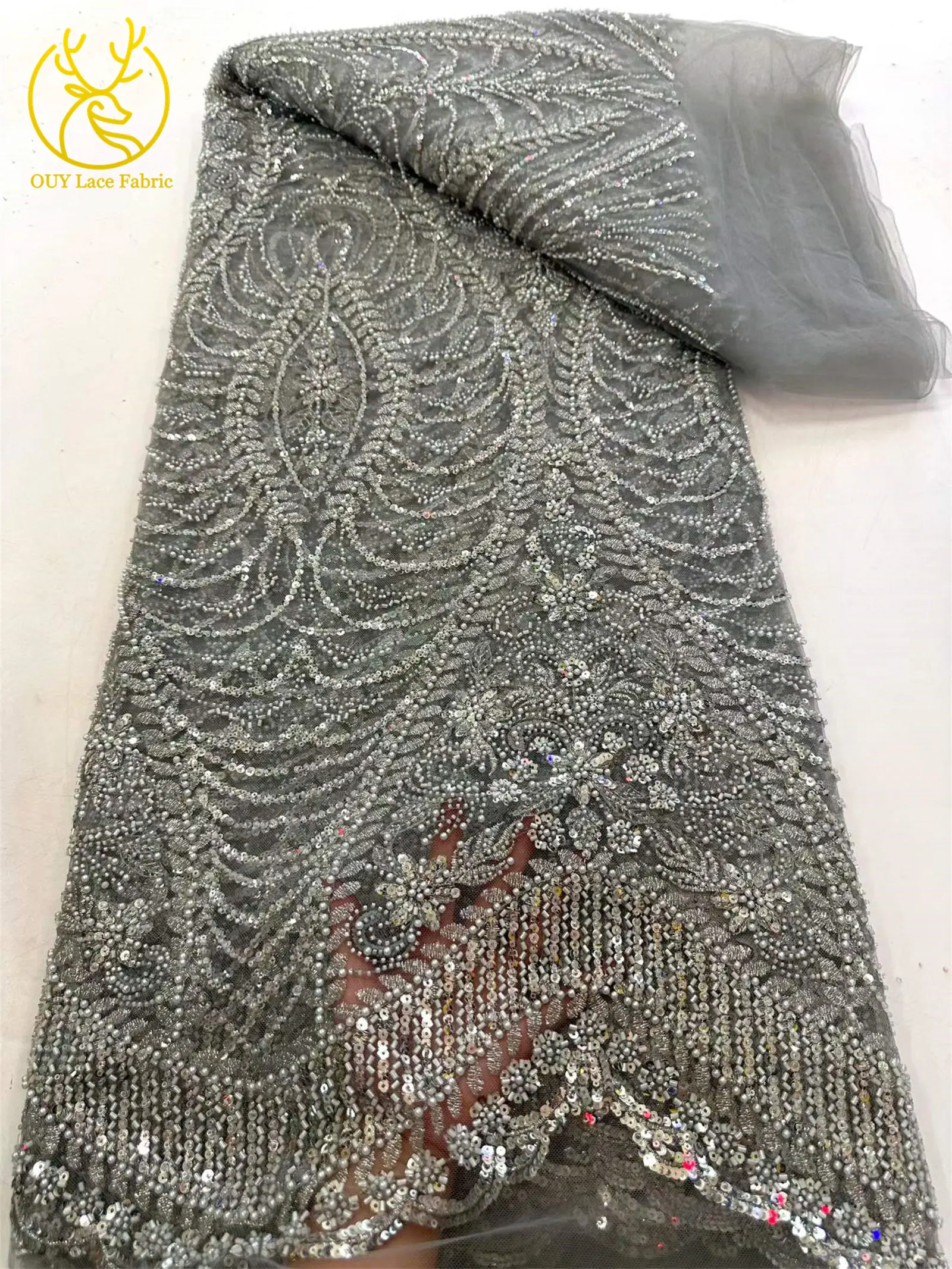 Luxuriöser goldener nigerianischer Mesh-Spitzenstoff mit Perlen und Pailletten, afrikanische französische Brautstickerei, Hochzeitsspitze für Damen, Partykleid, Nähen – Detail 8