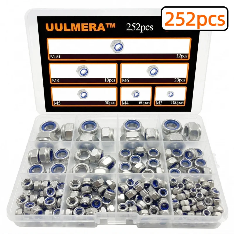 UULMERA 243/248/252/pcs 304 Stainless Steel Nylon Lock Nut Assortment  M3-M12 Hex Self-Locking Insert Stop Nut Silver Anti-Slip