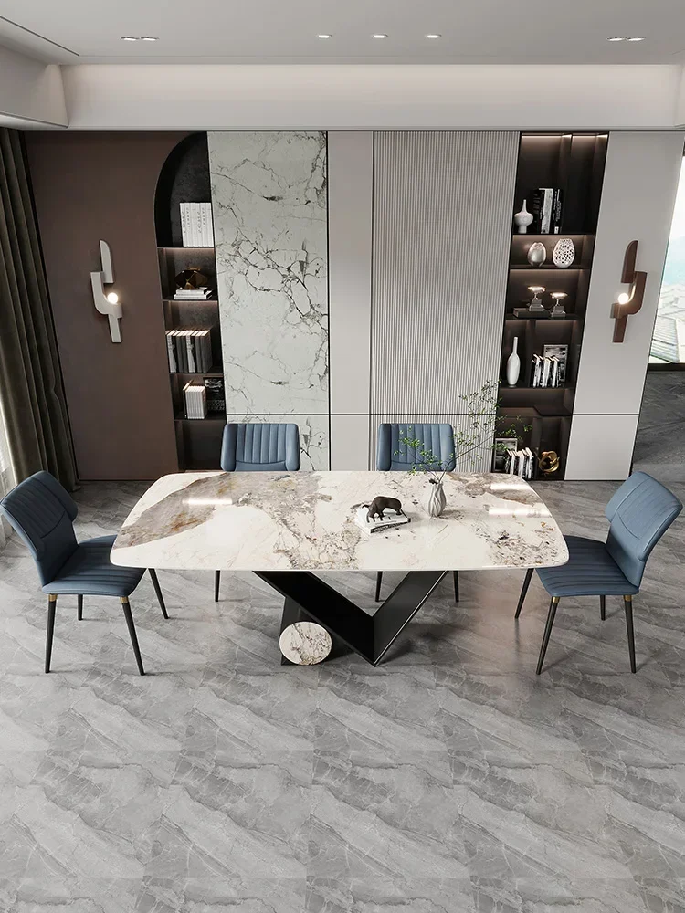 

Italian style extremely simple rock plate dining table and chair combination modern simple imported bright light light luxury de