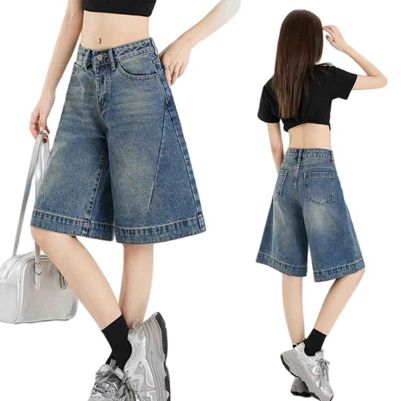 

Women's Summer Retro Spicy Girl's Cropped Denim Shorts Jeans Low Waisted Shorts, Loose Design, Straight Leg