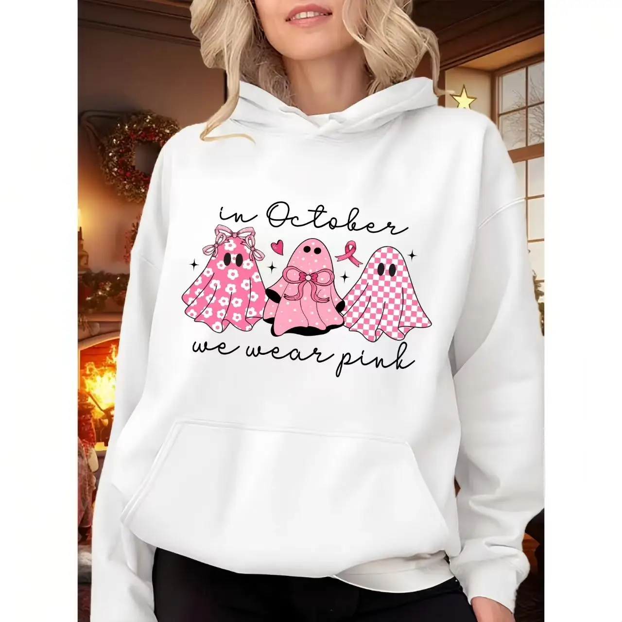 

In October We Wear Pink Breast Cancer Awareness Hoodie, Women's Halloween Ghost Spooky Season Sweatshirt.