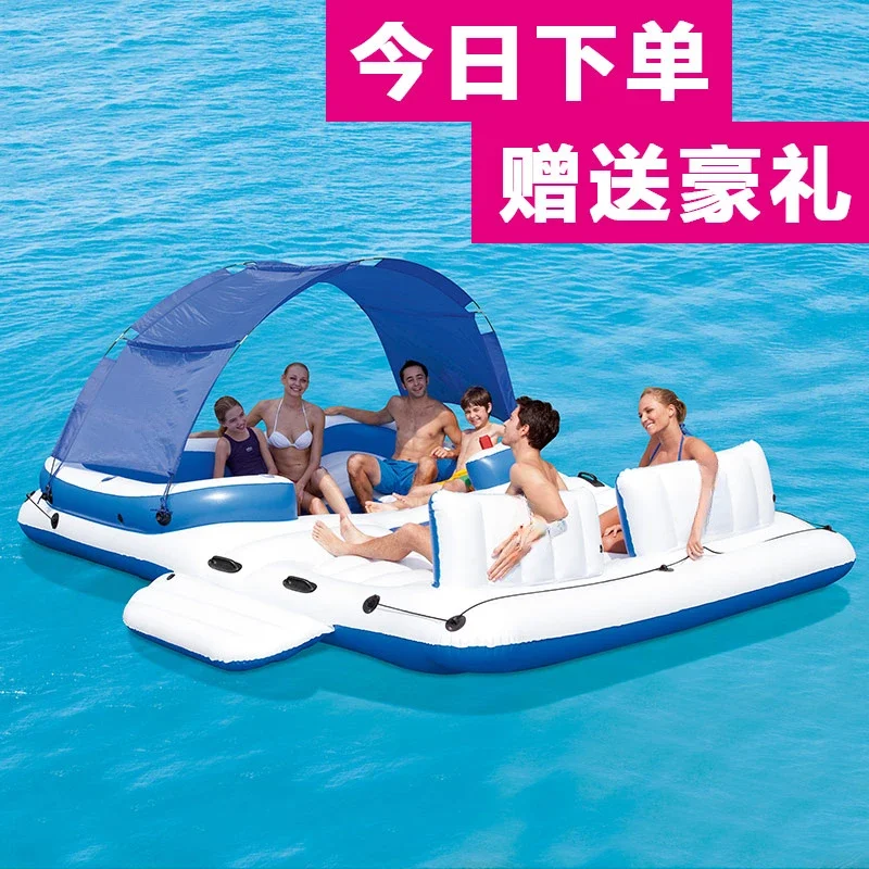 Sea beach swimming equipment floating row, floating island sunbathing water floating pier