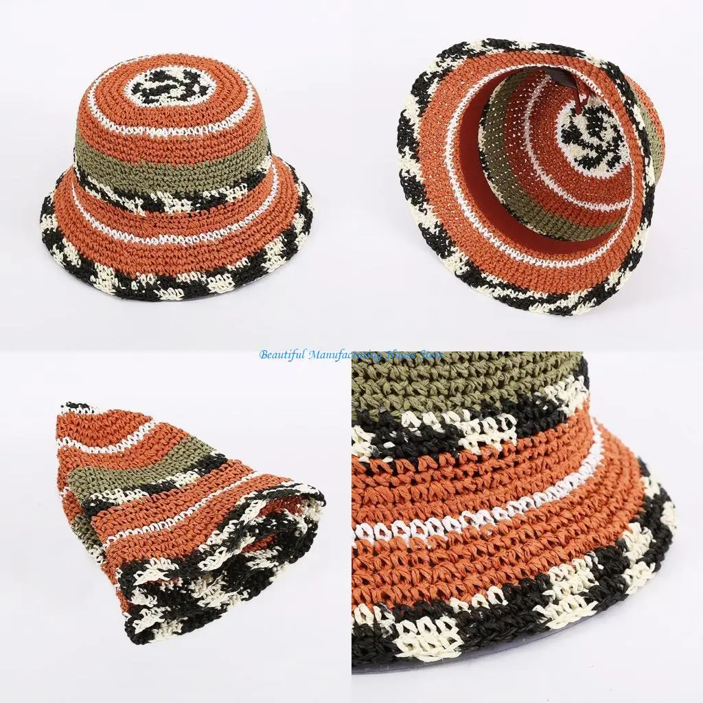 

E56A Красочная вязаная крючком рыбацкая шляпа Складная шапка-бини для альпинизма на открытом воздухе