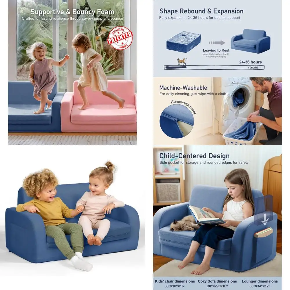 

Extra Wide 3-in-1 Convertible Toddler Couch, Lounger & Chair, Washable Sofa for Playtime or Relaxing, Kids Blue
