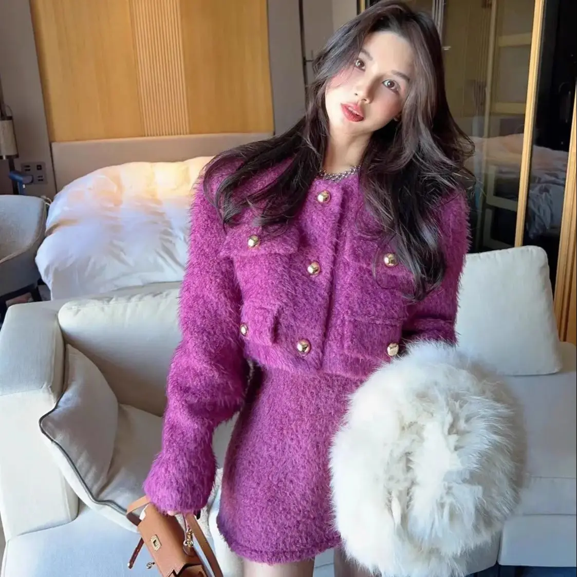 Korea Two-Piece Set Autumn Winter New Celebrity Short Coat A-Line Skirt Short Skirt Fashionable Temperament High-End Suit