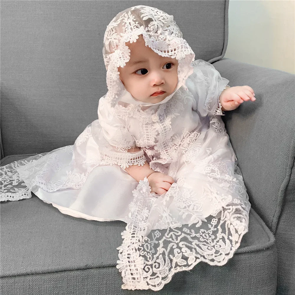 Baby Girl Dress Toddler White Princess Dress Pleated Lace Dresses+hat Baby Cake Sash Outfit Newborn Photoshoot Birthday Gown