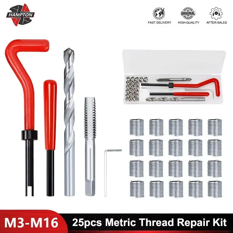 Kit de reparo de rosca métrica, 25 peças, m3/m4/m5/m6/m7/m8/m10/m12/m14, inserções de rosca para restaurar linhas danificadas, ferramentas de reparo