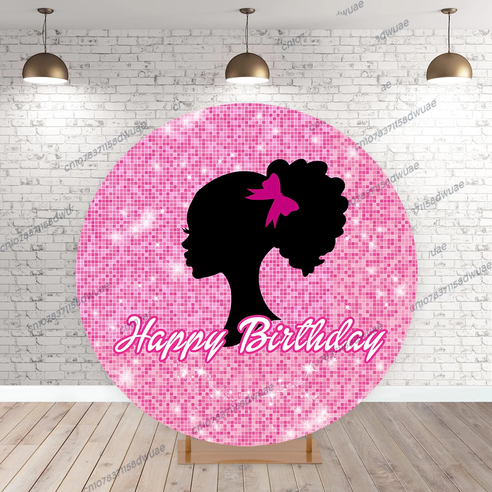 Black Barbie Princess Party Backdrop Pink  Girl Birthday Photography Background  Round&Cylinders Plinth Covers Photo Backdrop  ﻿