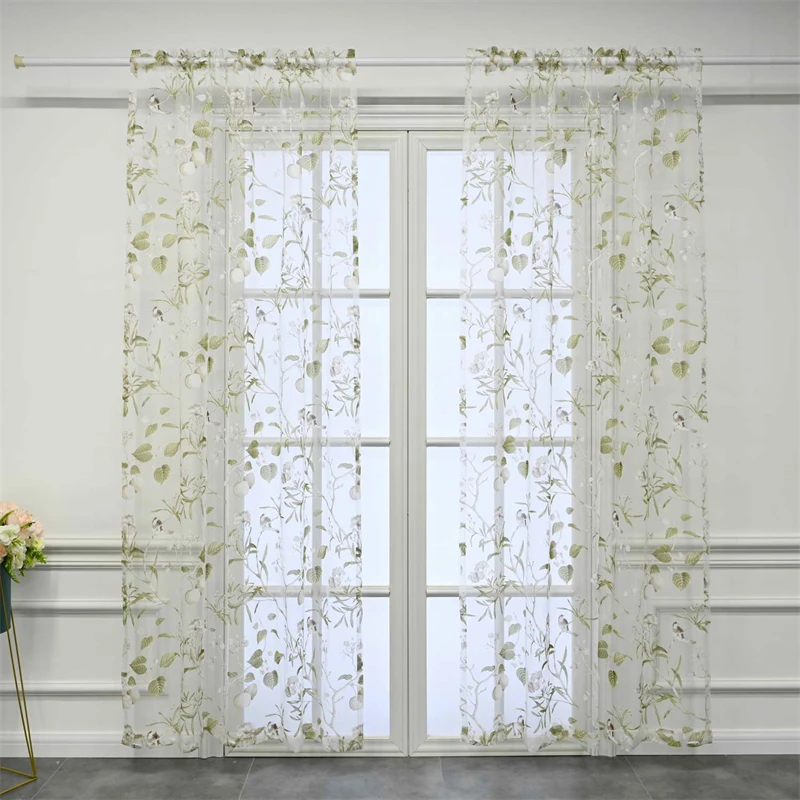 Cortinas de tul con estampado de pájaros, tela de gasa de algodón americano, color verde, transparente, para dormitorio, sala de estar, balcón y ventana