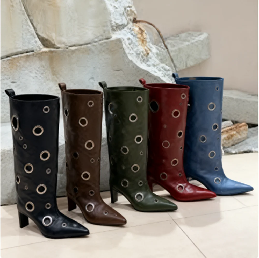 Multi-Color Grommet Embellished Pointed Toe Knee-High Boots Fashion Hollow Stiletto Heel Faux Leather Metal Eyelet Boots