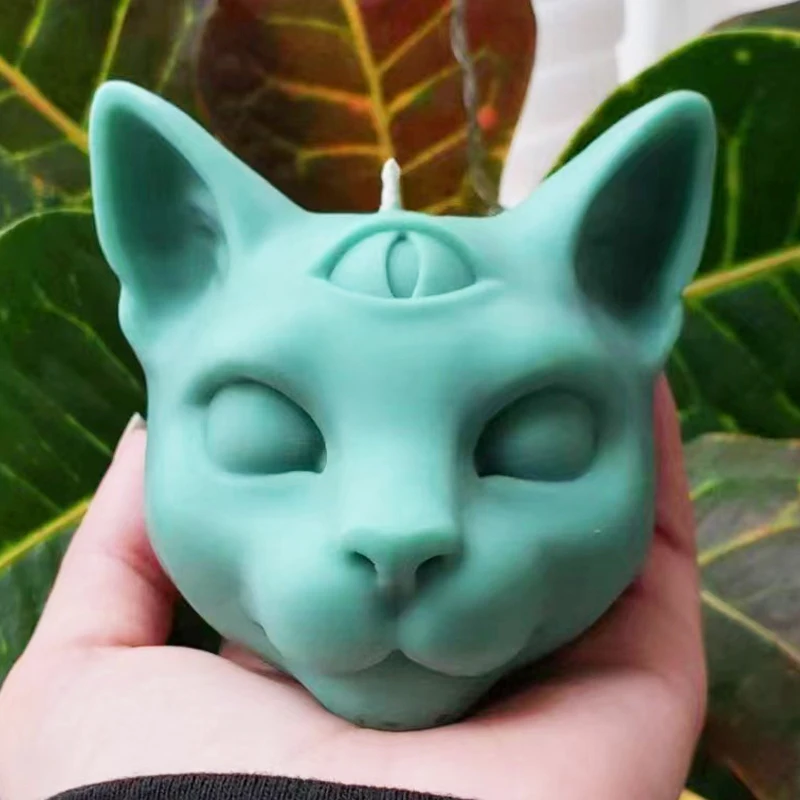 3D Three Eyes Cat Head Aroma Candle Silicone Mold DIY Plaster Epoxy Resin Mould Chocolate Cake Baking Mold Home Decoration