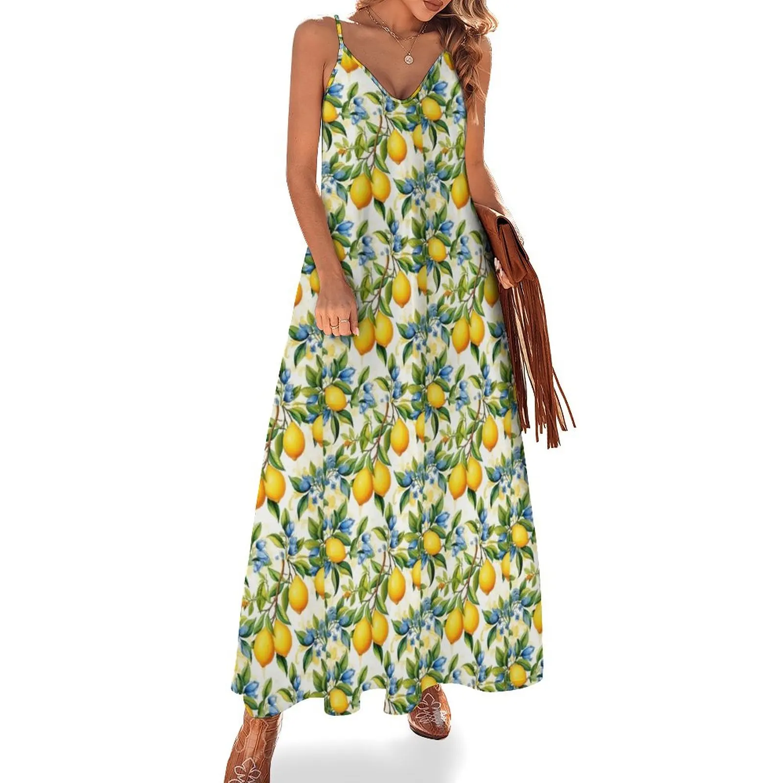 

Mediterranean Lemons Azulejo Pattern Sleeveless Dress luxury women's party dress evening prom chic and elegant evening dress