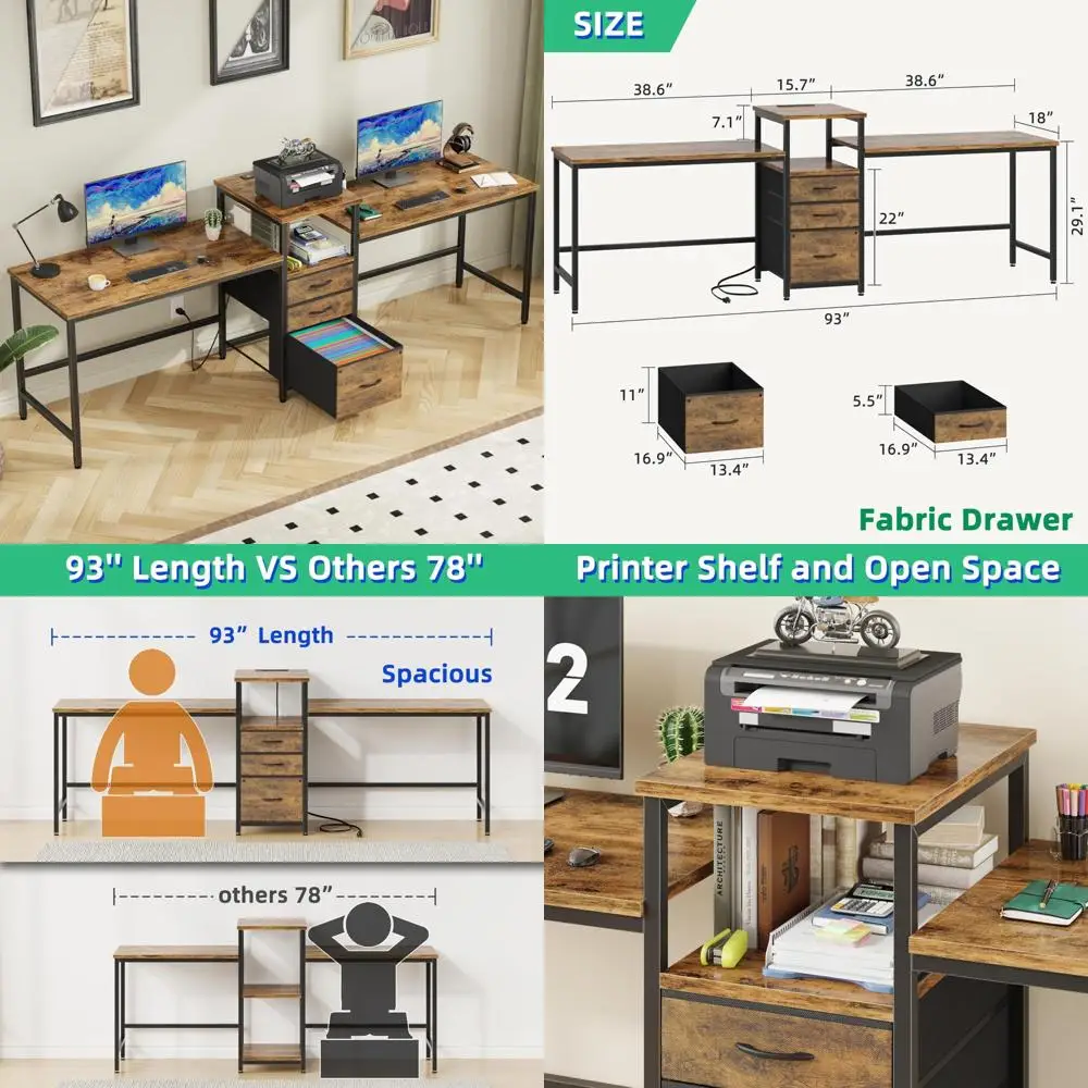 93 Escritorio de estación de trabajo para dos personas con puerto de carga, escritorio de oficina largo con 3 cajones de tela y soporte para impresora, computación compartida