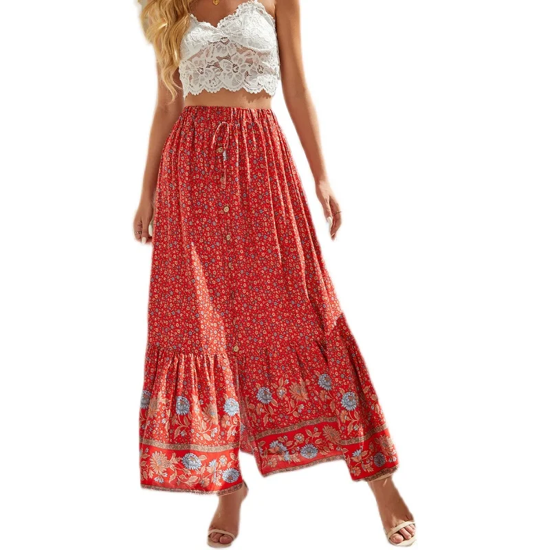 Bohemian Sweet Floral Print Asymmetrical Hem Cotton Silk Half Skirt Long Skirt Beach Vacation Single Button Pleated Midi Skirt