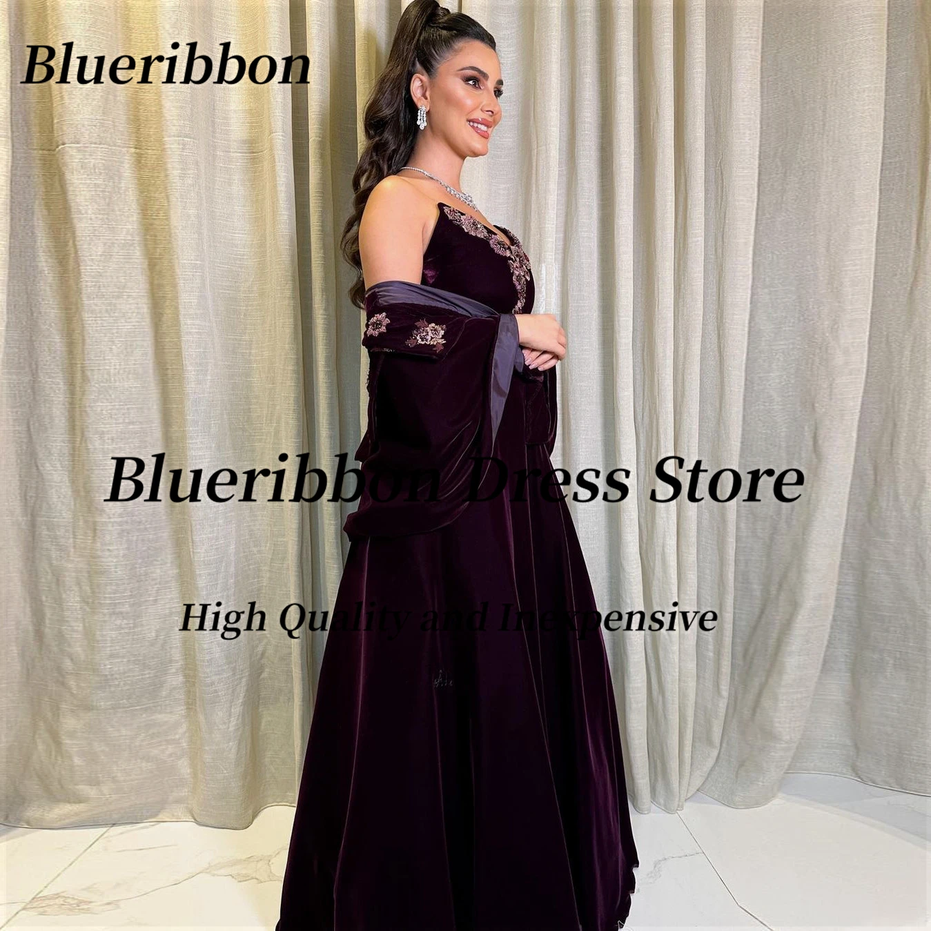 Blueribbon-فساتين A Line من القطيفة الناعمة للنساء ، الحفلات المسائية ، مزينة بالخرز على شكل قلب ، فستان حفلة موسيقية ، دبي ، فساتين أعياد الميلاد