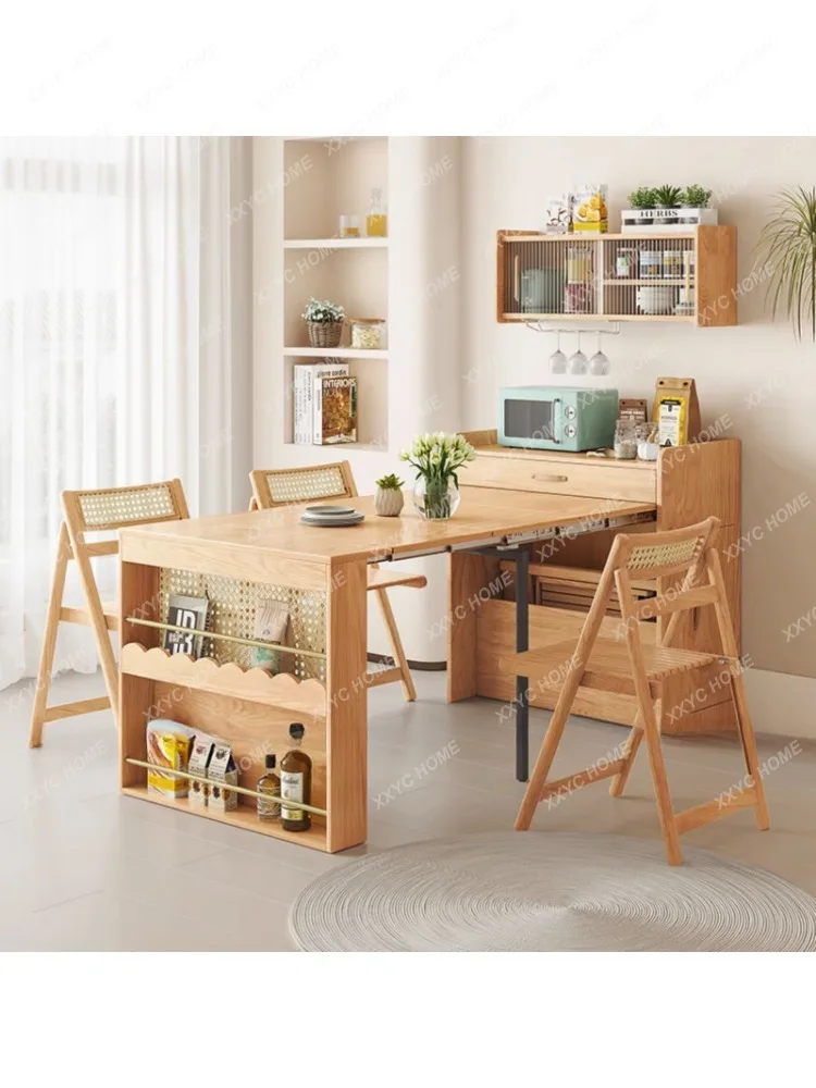 Retractable Dining Table Solid Wood Rectangular Dining Table Sideboard Cabinet Storage Folding Dining Tables and Chairs Set