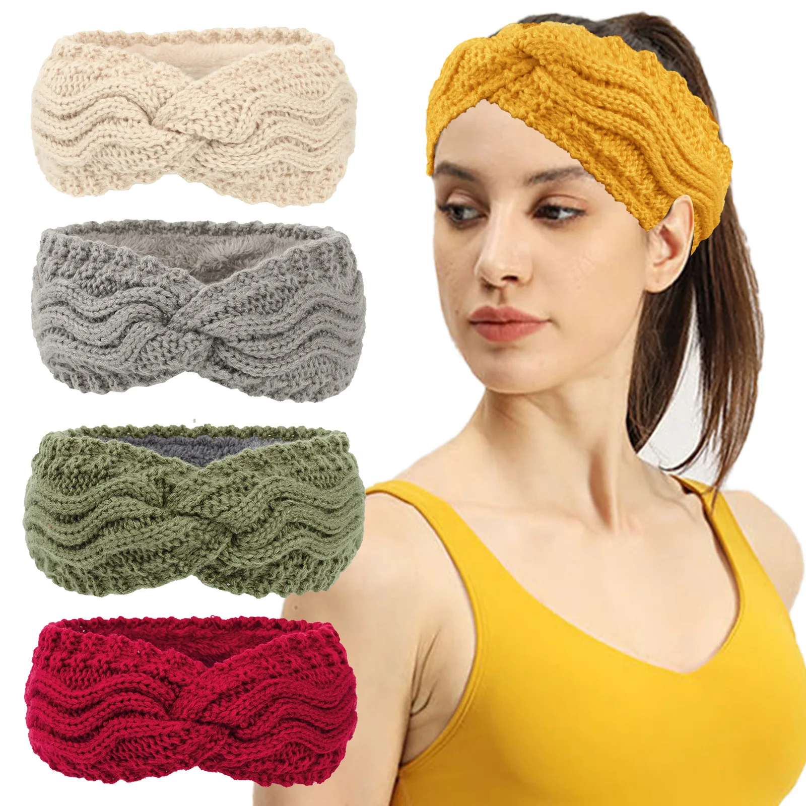 Velvet Autumn and Winter Yarn Wide Edge Headband, Warm Knit Headband, Acrylic Solid Color Sports Ear Protector