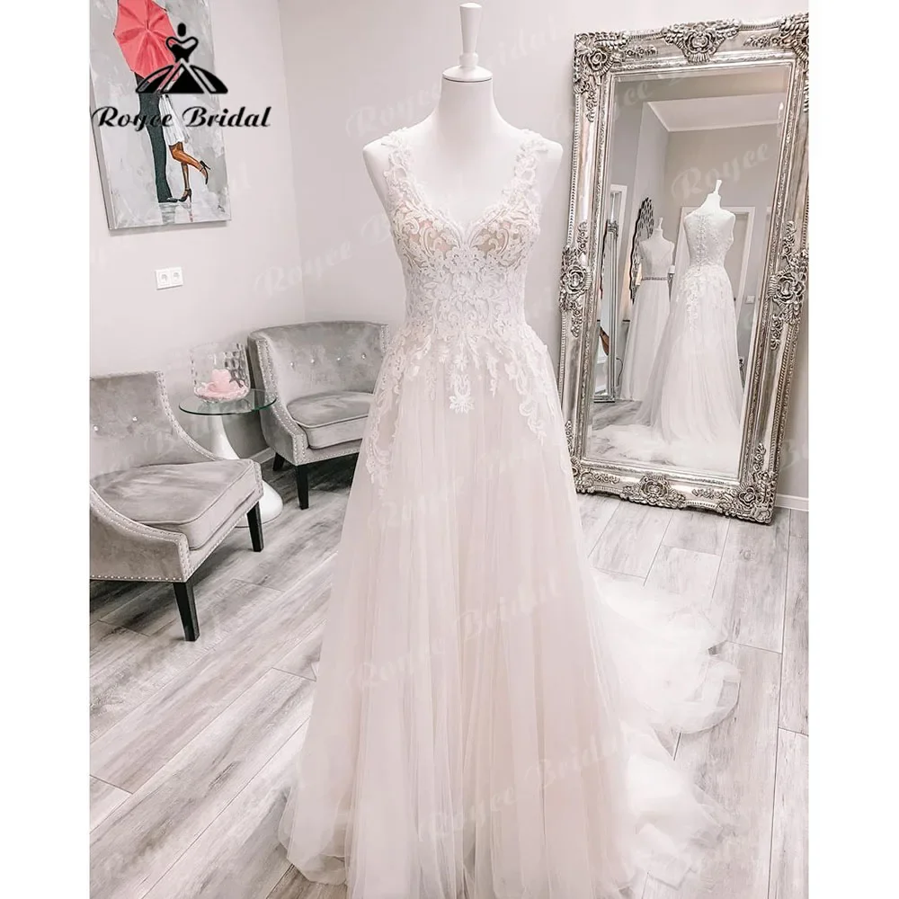 

Plunging V Neck Lace Boho Beach Chic Wedding Dress 2025 Robe Longue Bridal Gown Women Applique vestido novia bohemio Roycebridal