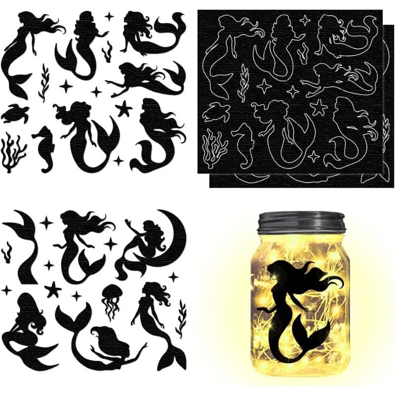 Siluetas de sirena de 4 piezas, recortes láser, calcomanías, tarro de albañil, adornos, recortes de hadas, suministros para álbumes de recortes, regalos, manualidades DIY