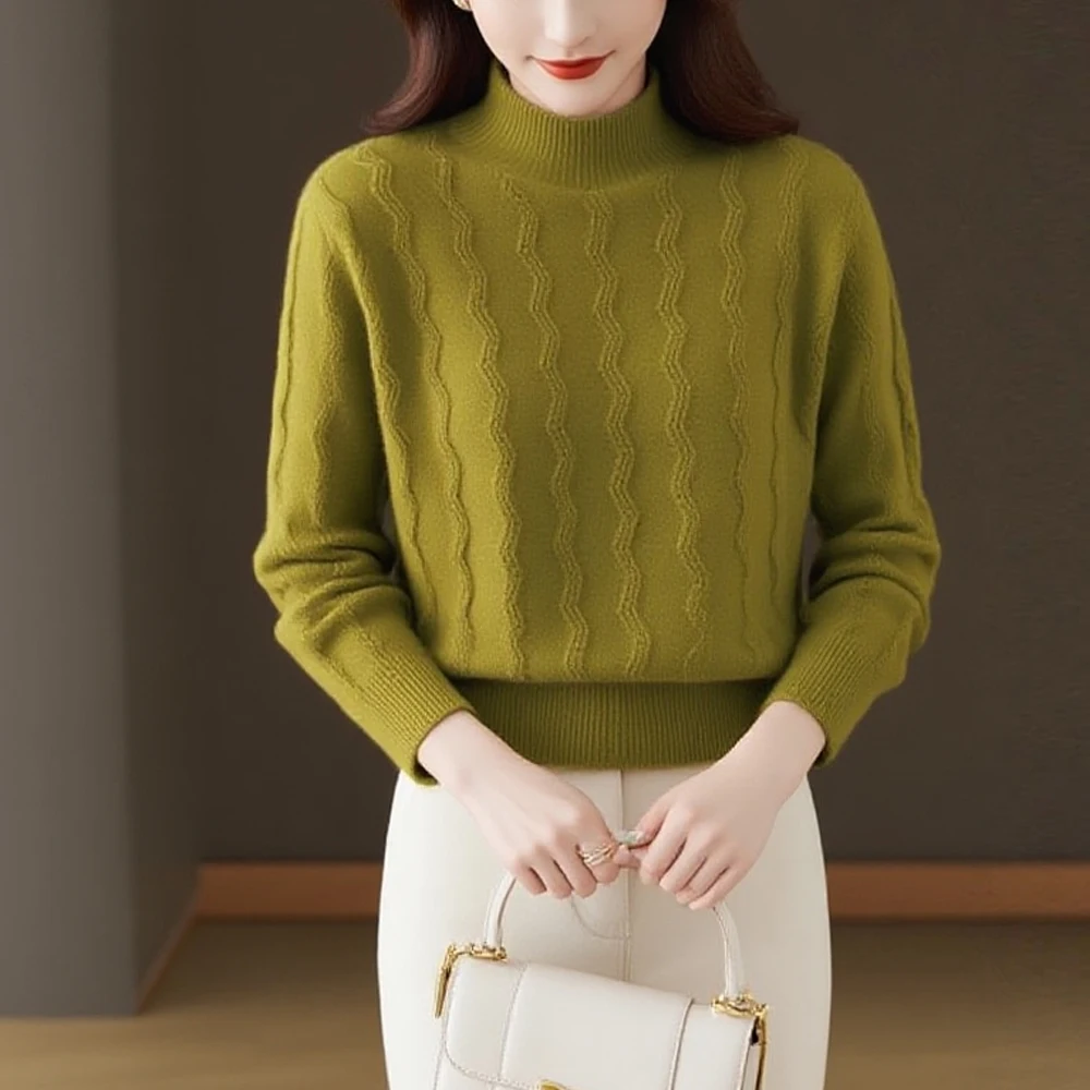 

Женская однотонная рубашка с длинным рукавом, пуловер, женская одежда, теплый свитер с зигзагообразным узором, черная кофейная трикотажная рубашка с полувысоким воротником