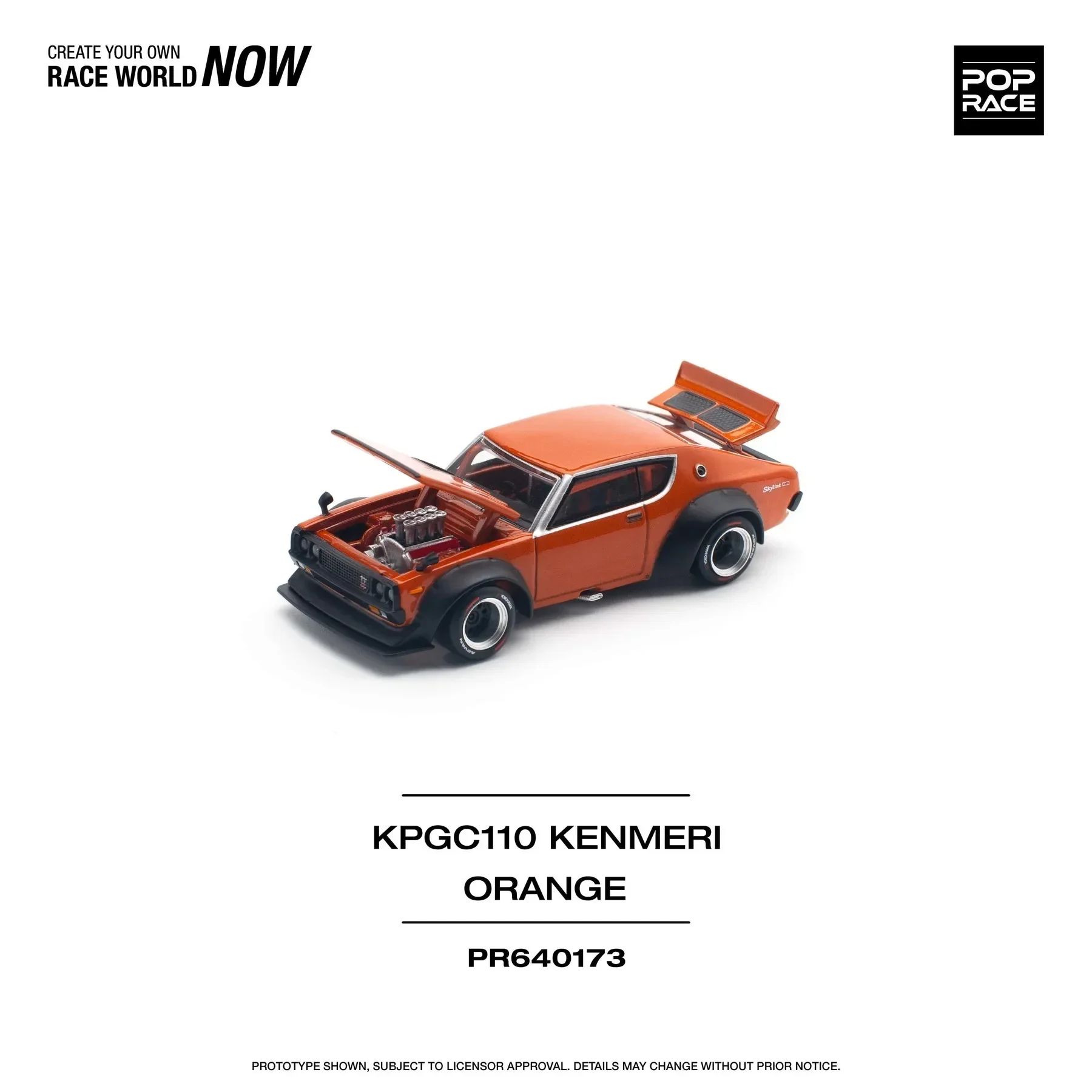 

Pop Race In Stock 1:64 Skyline KPGC110 Kenmeri V8 Drift Orange Diecast Diorama Car Model Toy