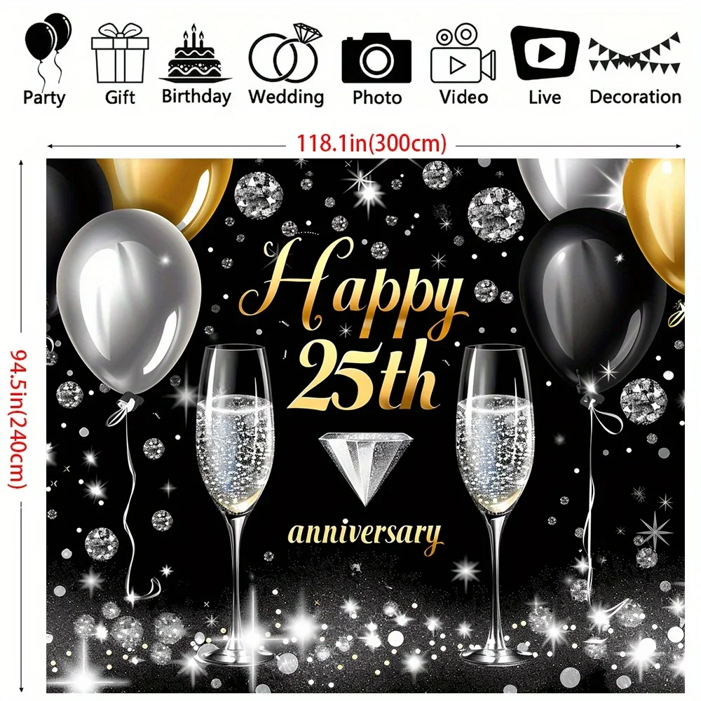 Happy 25th Anniversary Banner,Polyester wedding and anniversary party decor,black and silver background, no electricity required