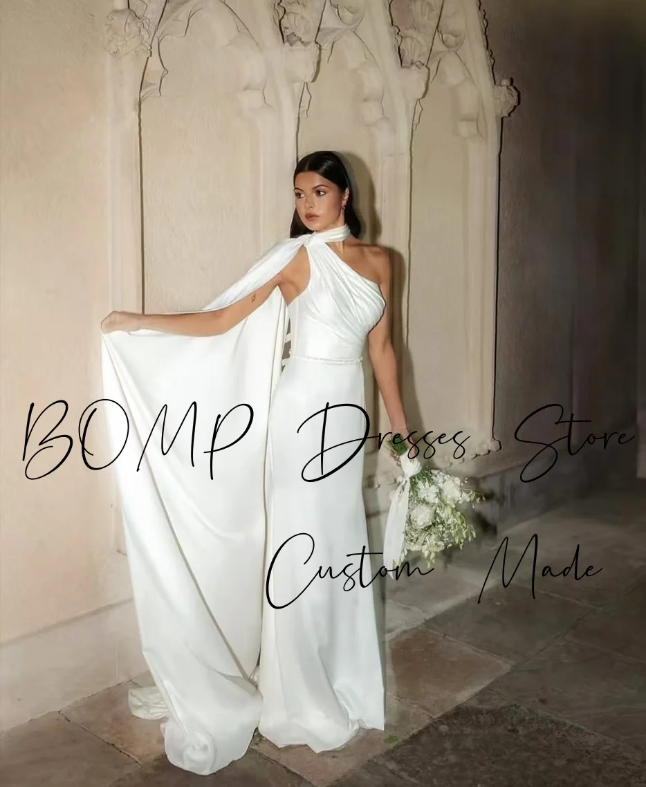 BOMP Elegante abito da sera bianco Sciarpa con scollo all'americana Sirena drappeggiato con strascico in raso Occasioni formali Abito da cerimonia nuziale personalizzato