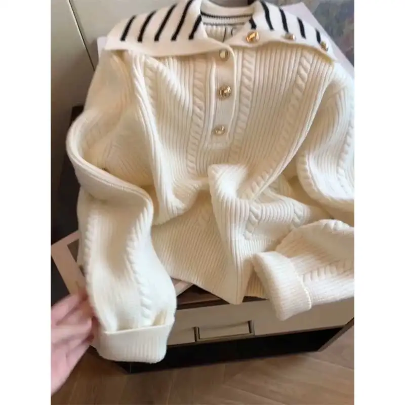 Женская одежда, весенне-осенний модный цветной отложной воротник, женский универсальный вязаный свитер, пуловеры, топы