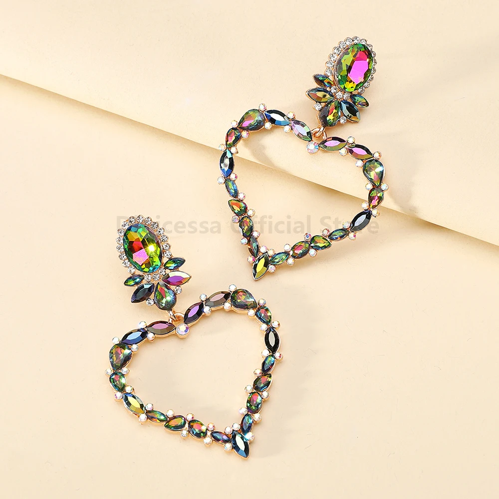 Korean Fashion Jewelry Shining Colorful Glass Hollow Heart Dangle Drop Earrings For Women Classic Vintage Statement Accessories