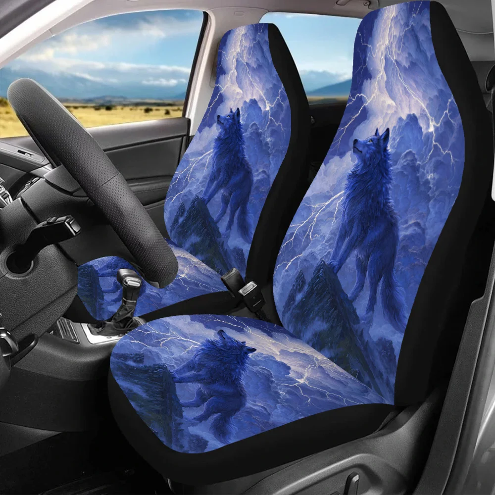 

2pcs Storm'S Howl Sentinel Car Seat Covers - Wolf Howling In Thunderstorm Design, Fit Front Seat Protectors With Non-Slip Backin