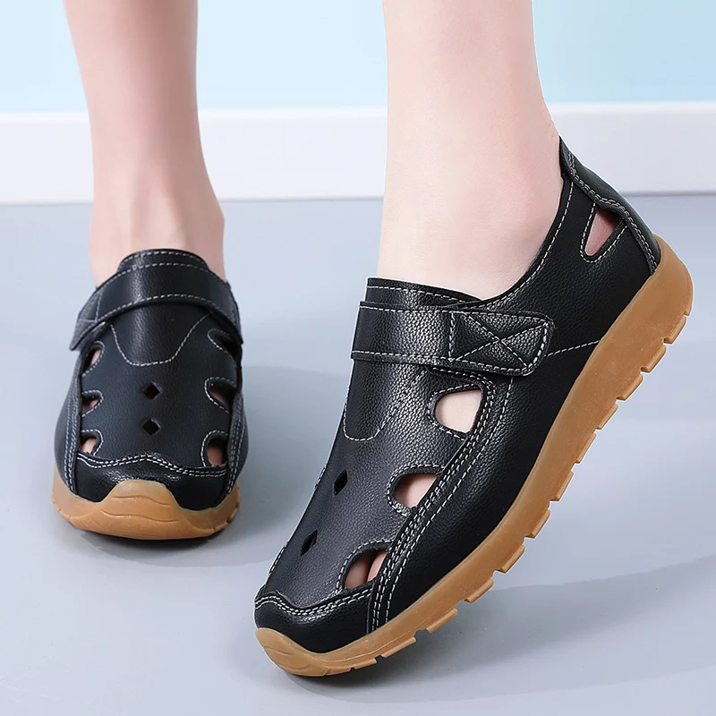 Frauen Sandalen Sommer Atmungsaktive Hohl Leder Sandalen Mode Runde Kappe Nicht-Slip Casual Römischen Strand Schuhe Frau Schuhe