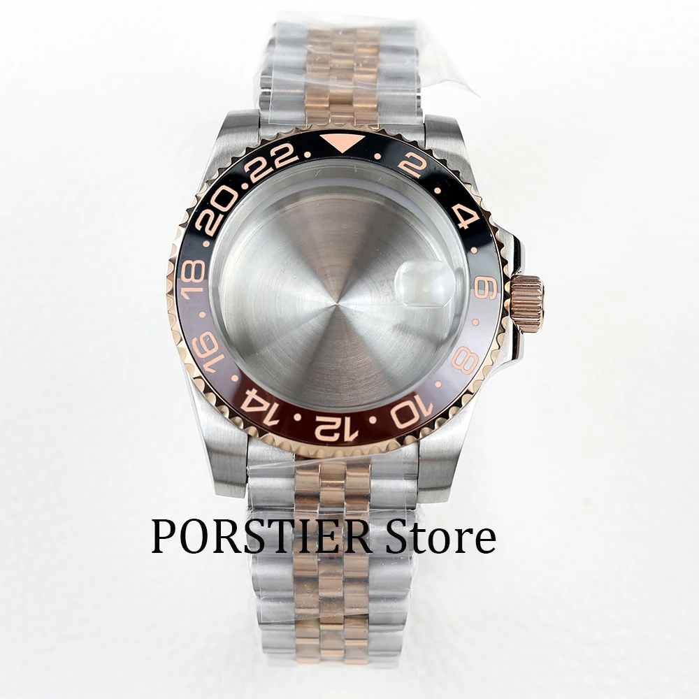 Boîtier de montre en acier inoxydable, or rose, verre saphir, compatible avec le mouvement NH35, NH36, bracelet Oyster polonais, cadran sous GMT, 40mm, 28.5mm