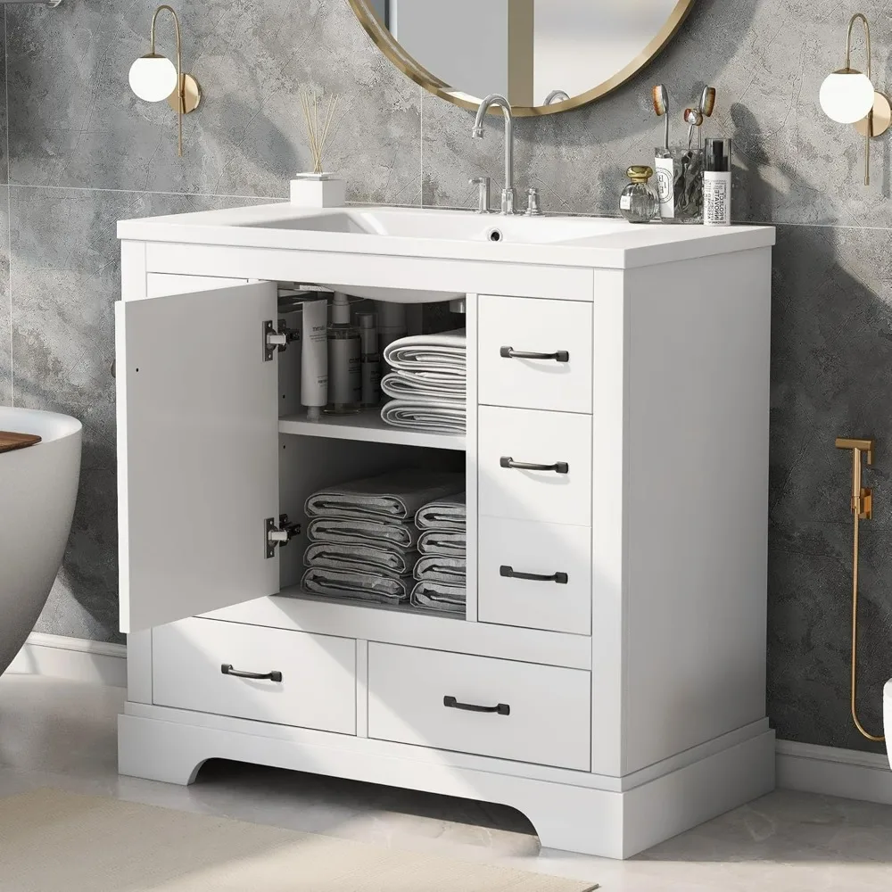 Bathroom Vanity with Sink, Free Standing Single Basin Vanity Set with 6 Drawers & One Cabinet with Adjustable Shelf, Bathroom