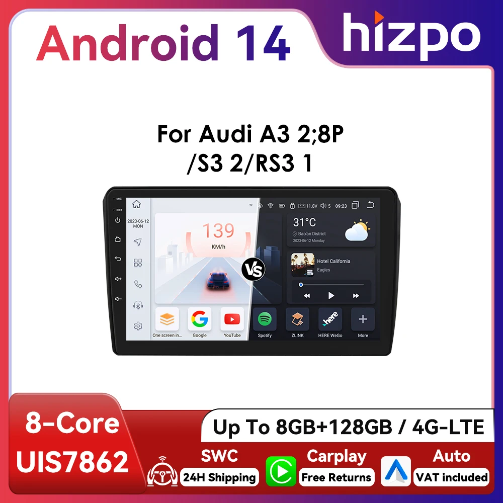 Autoradio 9" Hizpo Android14 per Audi A3 8P 2003 - 2013 UIS7862 Multimedia RDS DSP CarPlay 4G BT Navigazione GPS SWC 360CAM