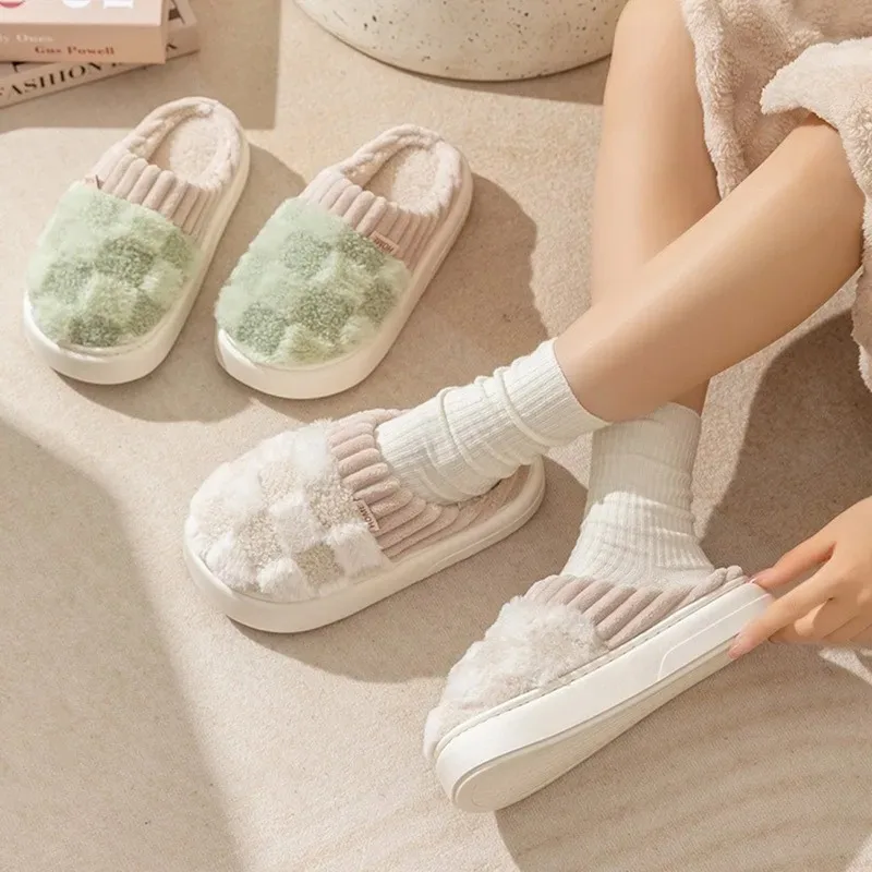 Mode Paar Winter Teen Wrap Warme Plaid Pluche Slippers Mannen Vrouwen Dikke Zachte Zool Slides Indoor Vloer Platte Thuis Antislip Schoenen