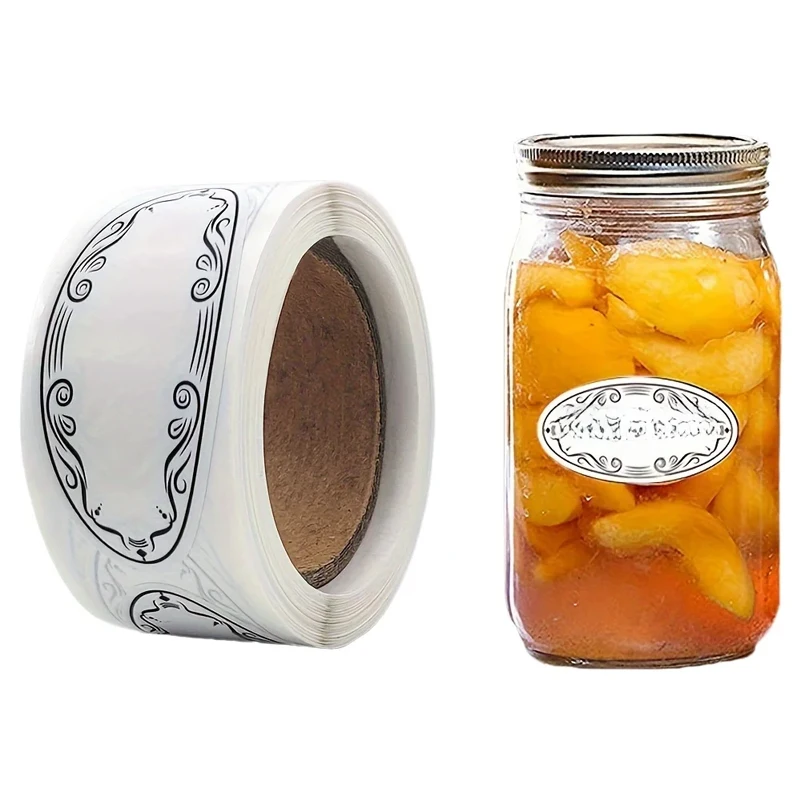 150 Oval White Kraft Stickers with Black Artistic Border for Jar Canning Labels, Price Tags, Store Organizing