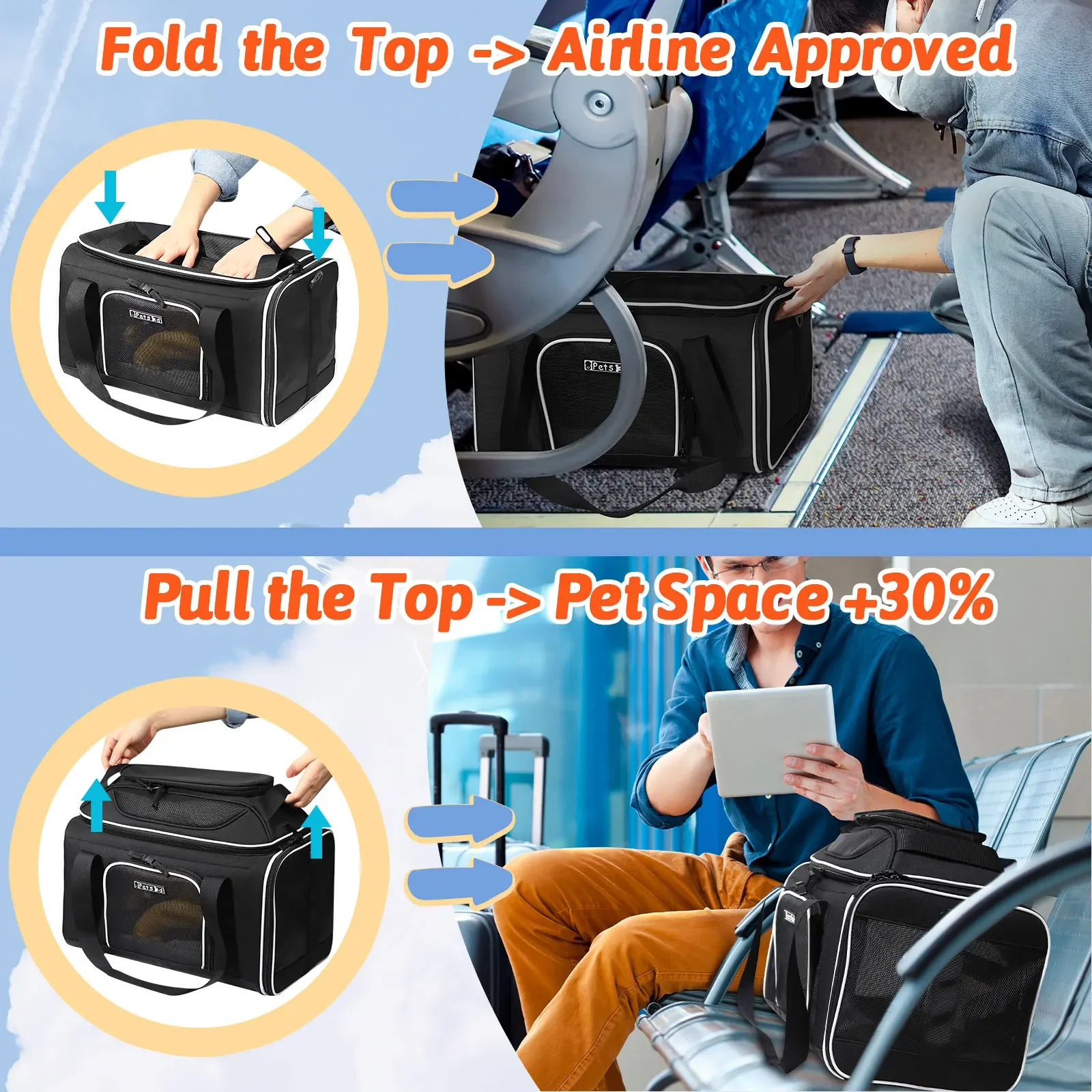 Imagem -05 - Petskd-expansível Pet Carrier Bolsa com Fecho Zíper Companhia Aérea Aprovada Macio Cão Pequeno Gato Sul da Ásia Top e Side