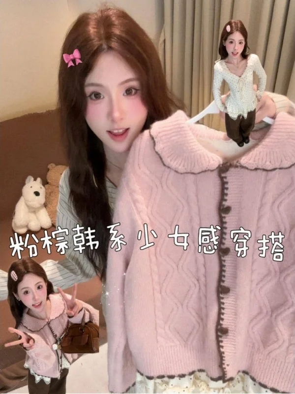 

Pink Sweet Doll Collar Twist Knit Sweater Coat Women Winter Thi Lazy Sle Milk Cotton Open Cardigan Knitted Top
