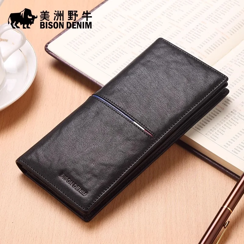 BISON DENIM Cowskin Leather Men Wallets Multi-Functional Cowhide Coin Purse Slim Genuine Leather Wallet Men Card Holders N4437