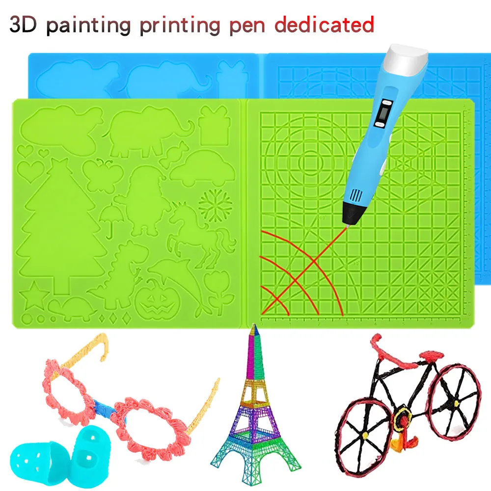 Silicone Design Pad com estêncil básico, Caneta de impressão 3D, Excelente ferramenta de desenho, Vem com 2 Berços