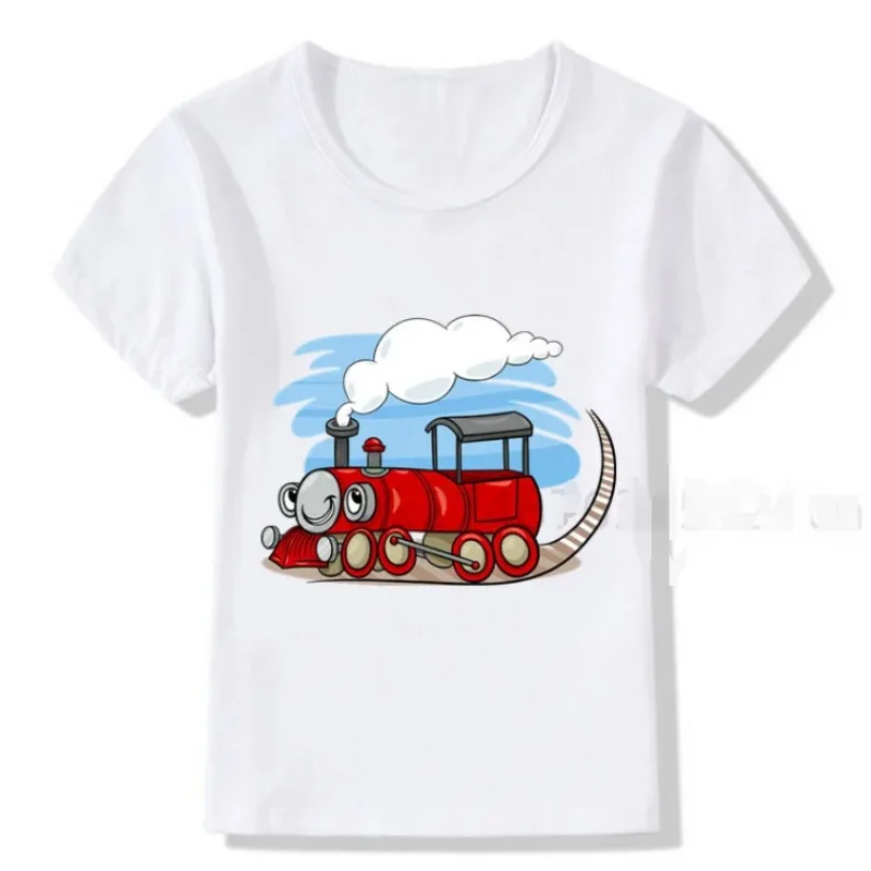 Śmieszne letnie chłopięce kreskówki pociąg towarowy ulubiona odzież dziecięca biały T-shirt moda Streetwear dziecięce t-shirty topy