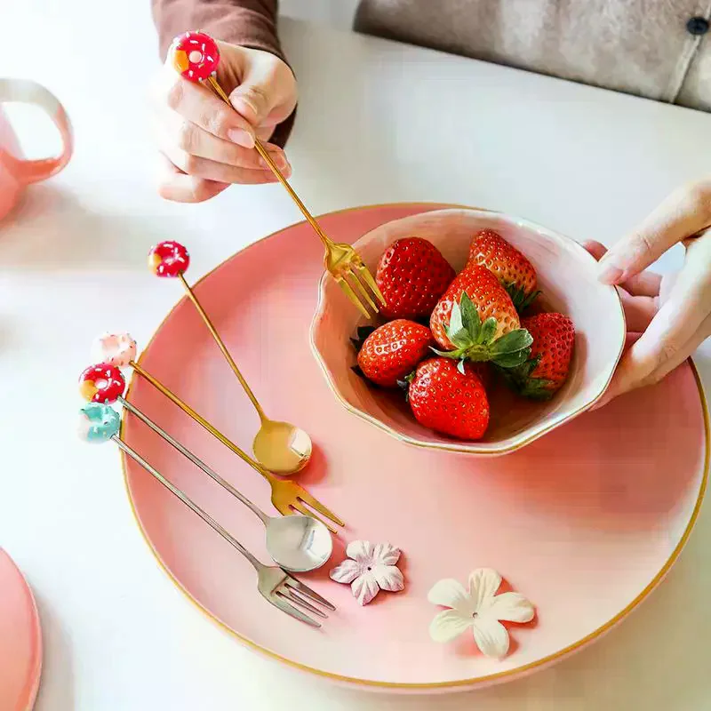 Stainless Steel Cute Donut Spoon Fork Ice Cream Cake Dessert Spoons Coffee Stirring Spoon Candy Cute Cartoon Teaspoon Tableware