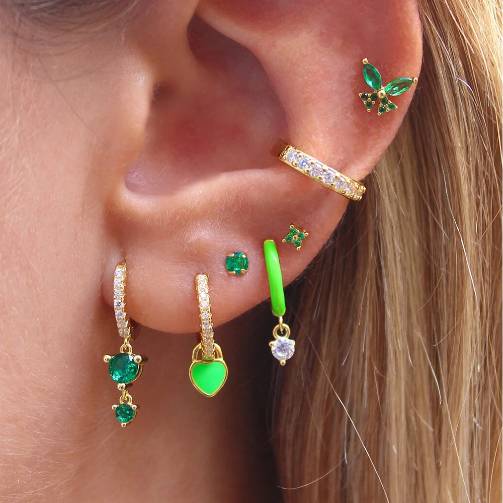 2023 orecchini a cerchio a catena verde in acciaio inossidabile di moda per le donne gioielli Piercing alla cartilagine dell\'elica sottile con