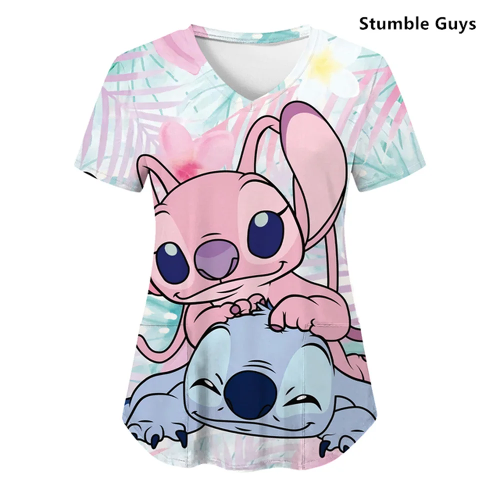 Nurse Uniform Tops V Neck T Shirt Disney Stitch Hospital Woman Clothes Pocket Top Women 2023 Summer T-shirt Shirts T-shirts Tees