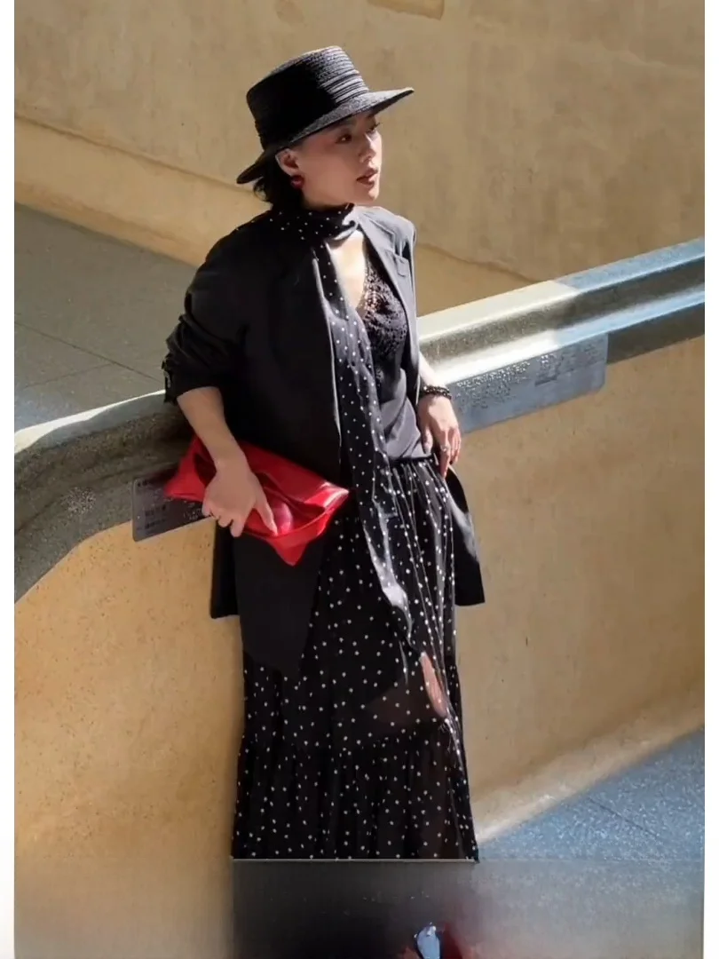 

WDiva Romantic Street Style Fashionable Slimming Polka Dot Print Maxi Skirt Elastic Waist A-Line Half Skirt for Women