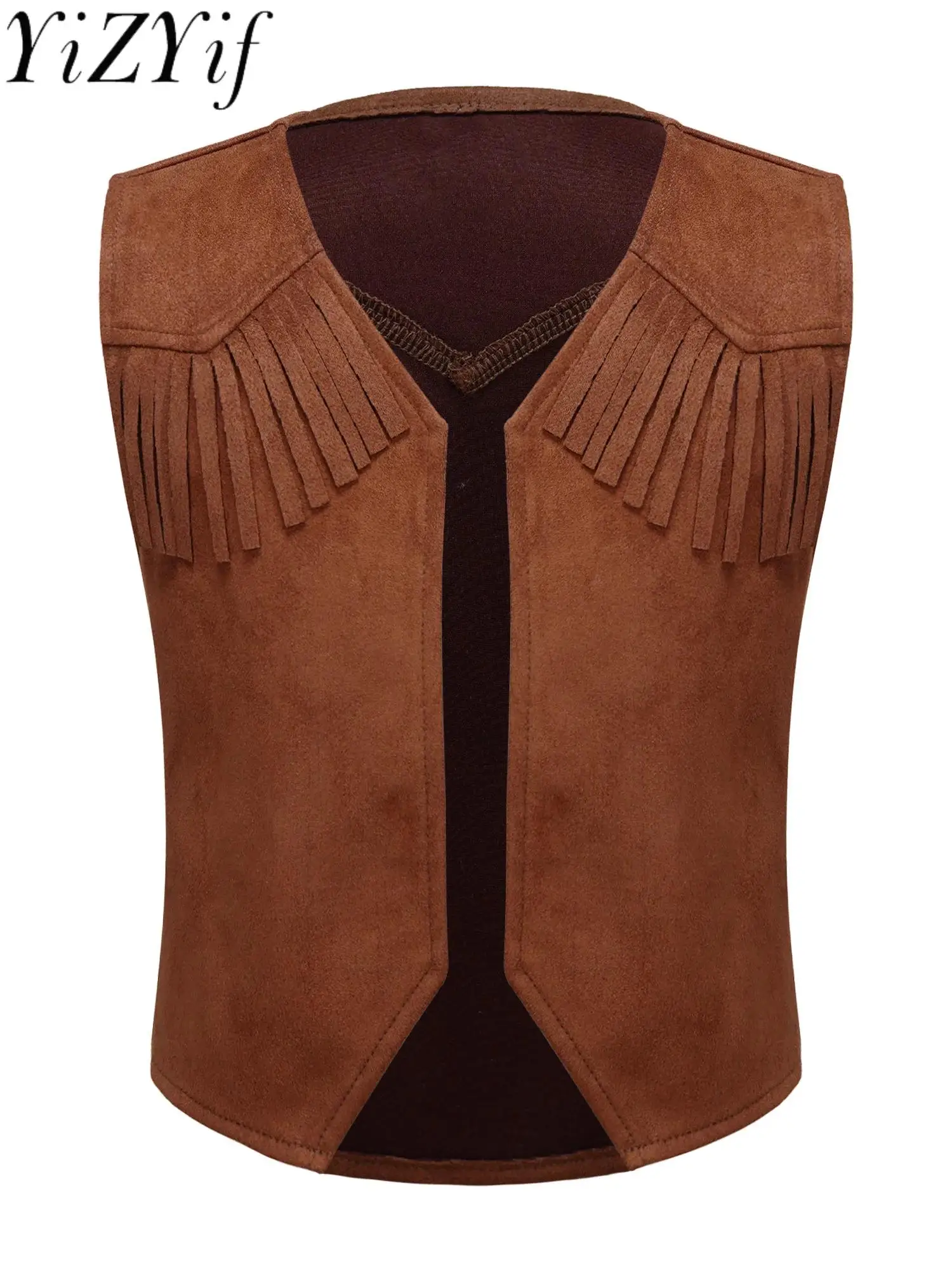 Kids Boys Western Cowboy Vest Brown Suede Leather Fringed Hem Jacket for Halloween Carnival Party Cosplay Costumes Cowboy Jacket