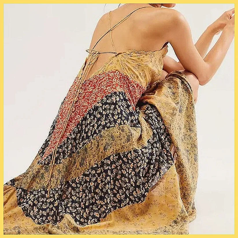 Vintage Backless V-Neck Sleeveless Long Dress, Elegant Pleated Print Party Dress for Women