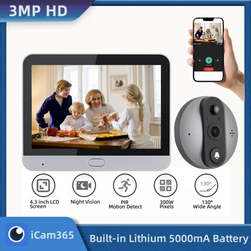 3MP Wireless House Door Eye With Camera iCam365 Smart Home Security Peephole Doorbells Support PIR Motion Detection Video Call