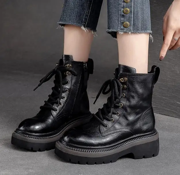 6CM Handmade Women Genuine Leather Boots Autumn Winter Round Toe Thick Heel Chunky Platform Retro Style Warm Mid Calf Boots image 6