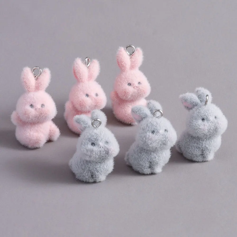 3/6Pcs 3D Flocking Rabbit Resin Charms Cute Rabbit Animal Pendant for Earrings Keychain Making DIY Jewelry Gifts Mixed Color ﻿